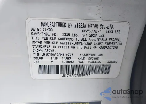 2010 Infiniti M35 z USA, uszkodzony, nr VIN JN1CY0AP2AM910747